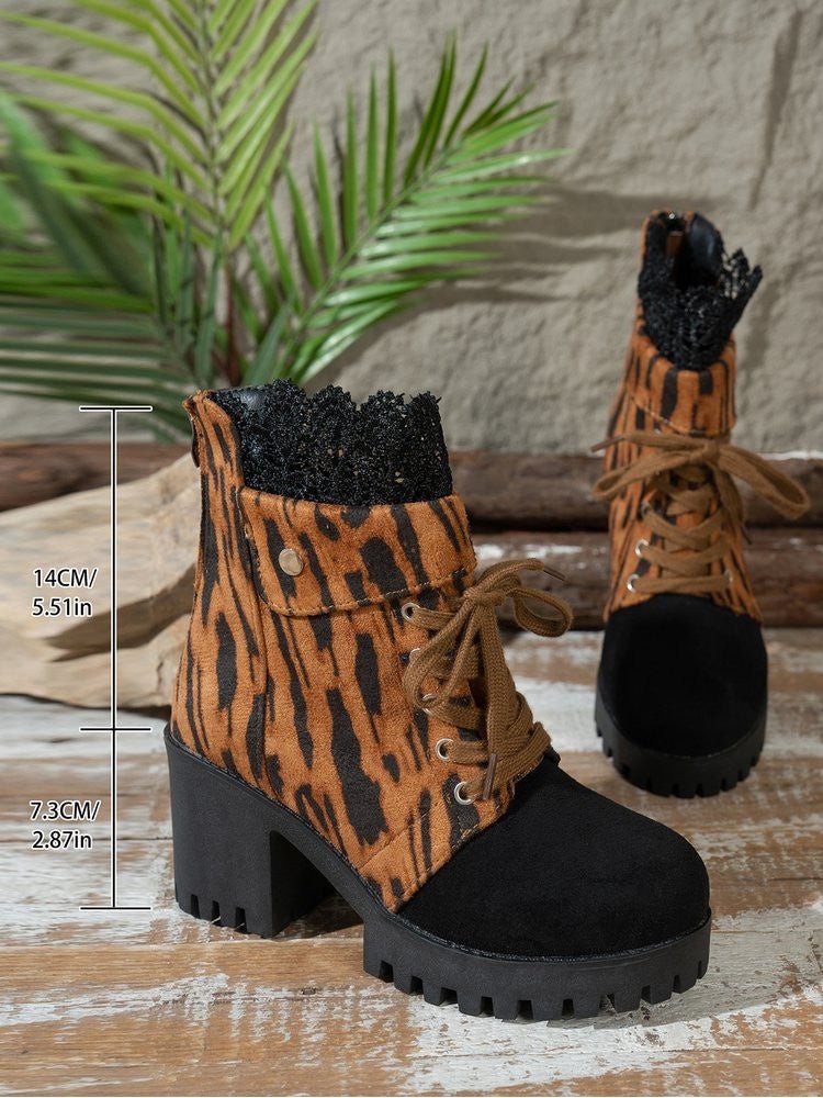 Leopard Lace-Trim Lace-Up Chunky Heel Boots