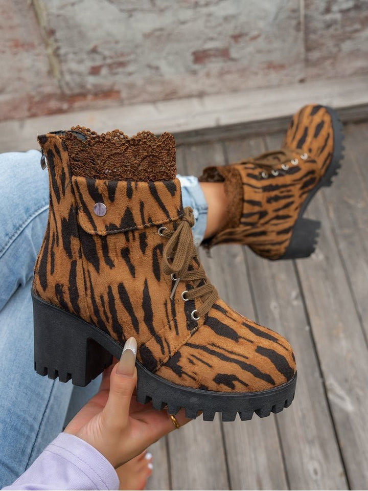 Leopard Lace-Trim Lace-Up Chunky Heel Boots