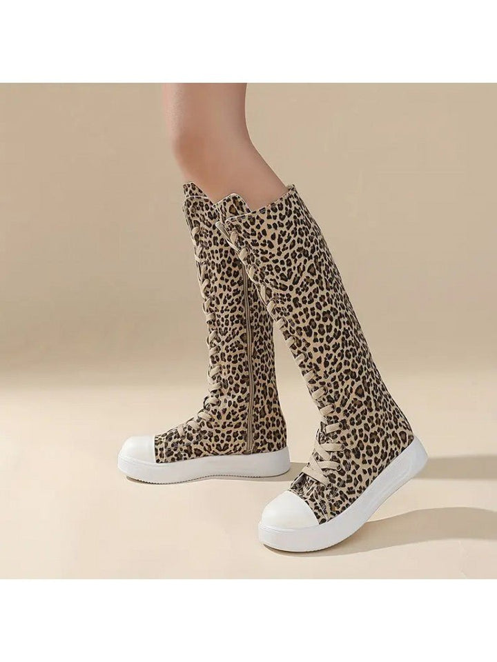 Leopard Lace-Up Canvas Knee-High Sneaker Boots