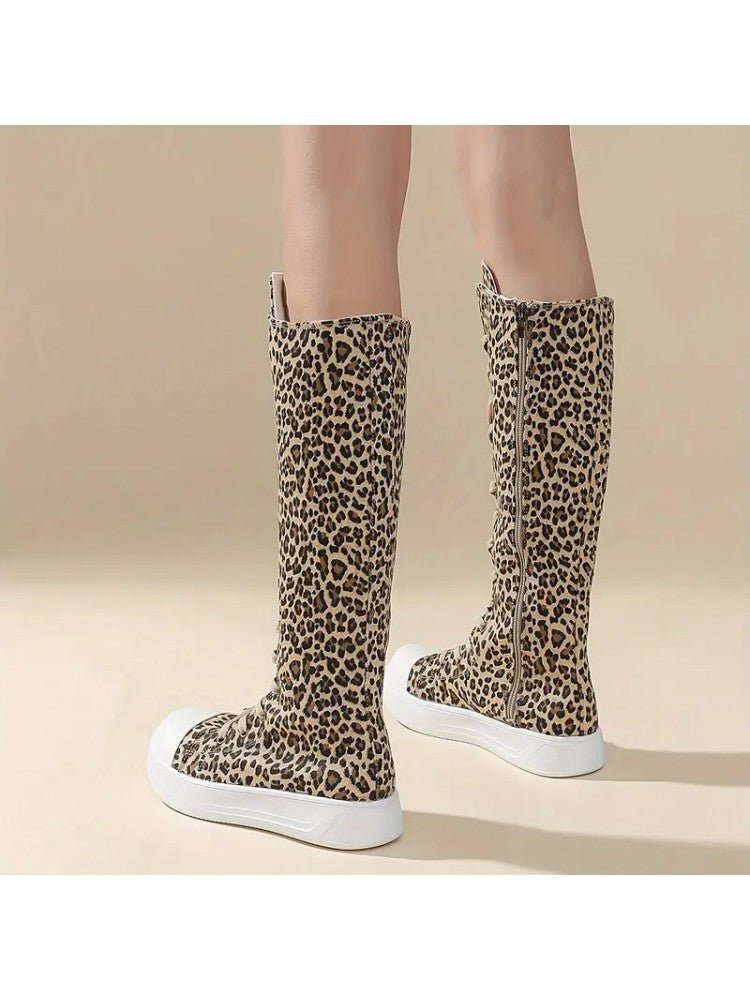 Leopard Lace-Up Canvas Knee-High Sneaker Boots