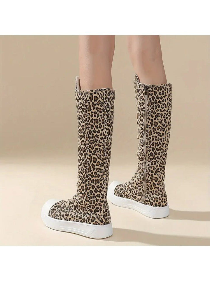 Leopard Lace-Up Canvas Knee-High Sneaker Boots
