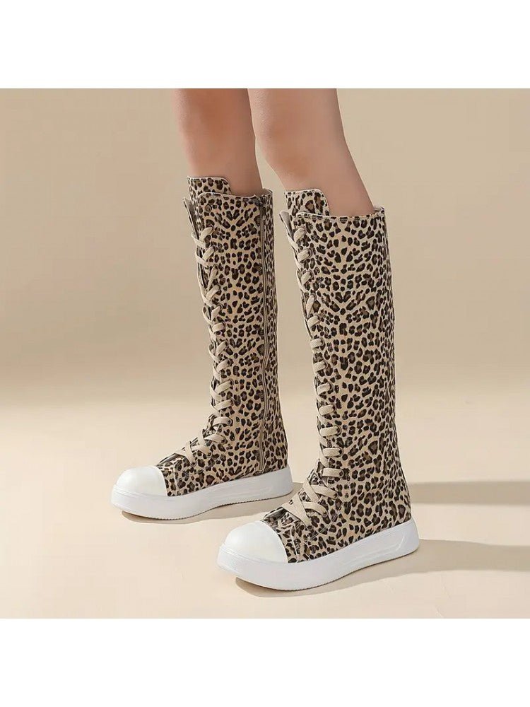 Leopard Lace-Up Canvas Knee-High Sneaker Boots
