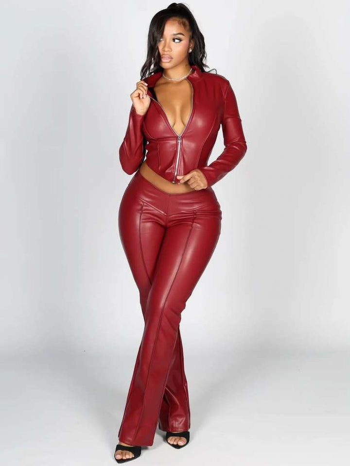 Luxe Vegan Leather Zip-Up Two-Piece Set