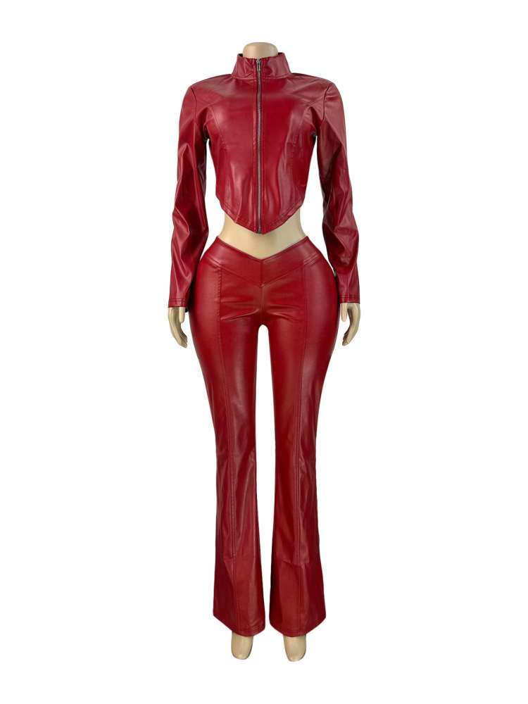 Luxe Vegan Leather Zip-Up Two-Piece Set