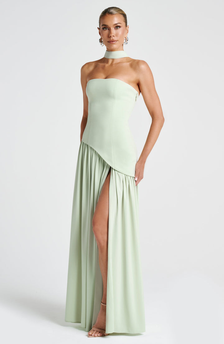 Strapless Maxi Dress with High Slit & Asymmetric Waist