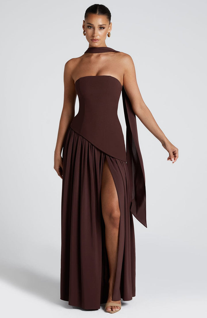 Strapless Maxi Dress with High Slit & Asymmetric Waist