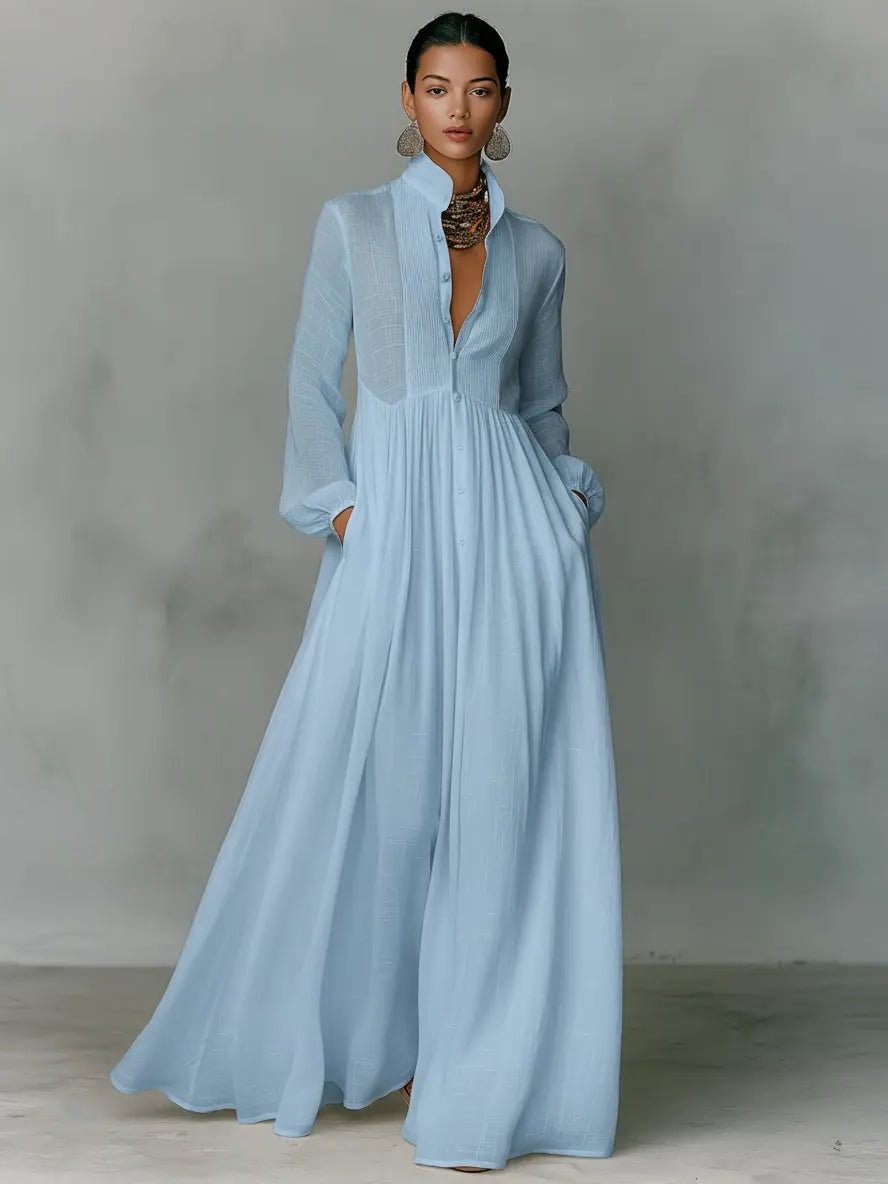 Elegant Long Sleeve Maxi Shirt Dress with Pockets