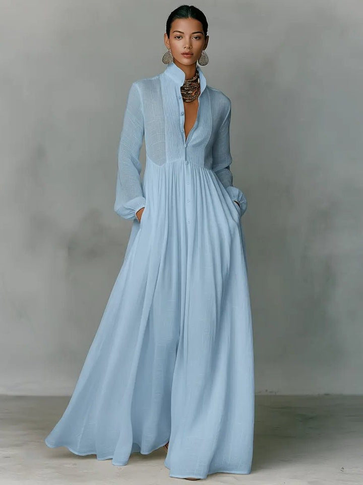Elegant Long Sleeve Maxi Shirt Dress with Pockets