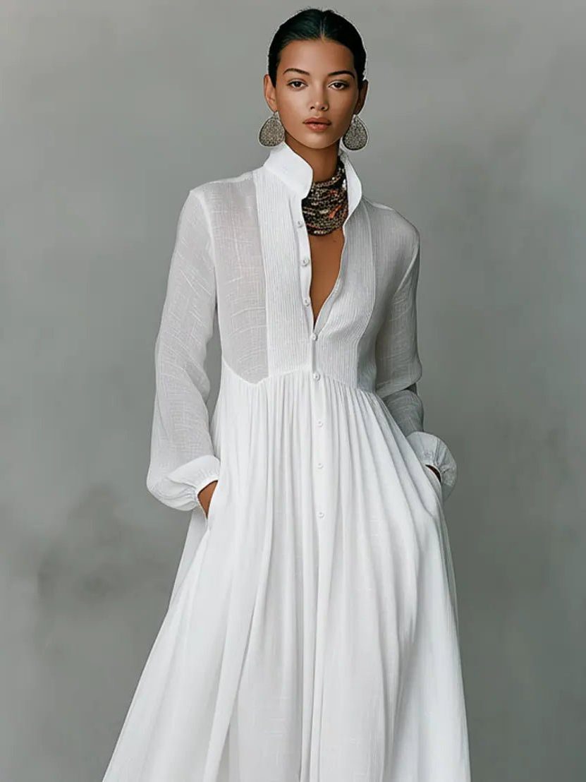 Elegant Long Sleeve Maxi Shirt Dress with Pockets