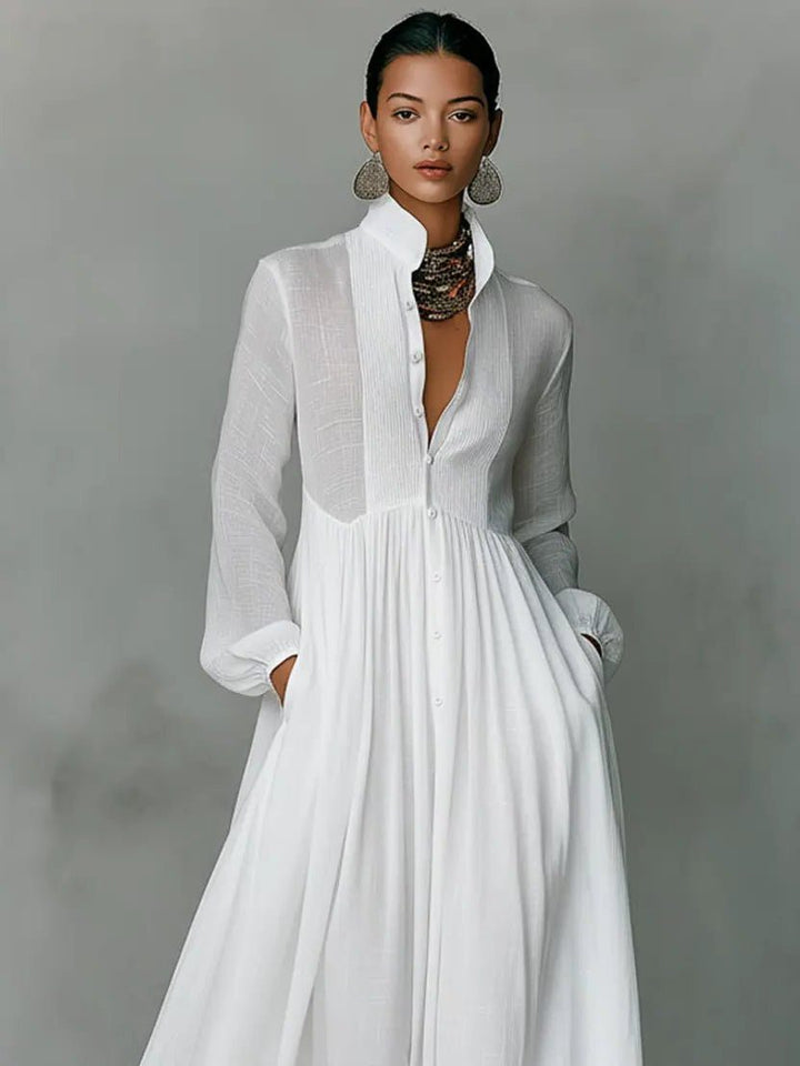 Elegant Long Sleeve Maxi Shirt Dress with Pockets