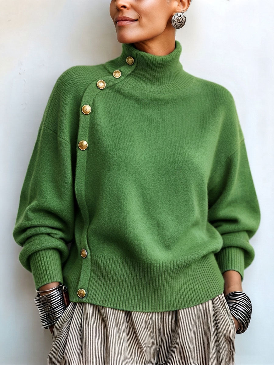 Asymmetric Gold Button Turtleneck Sweater