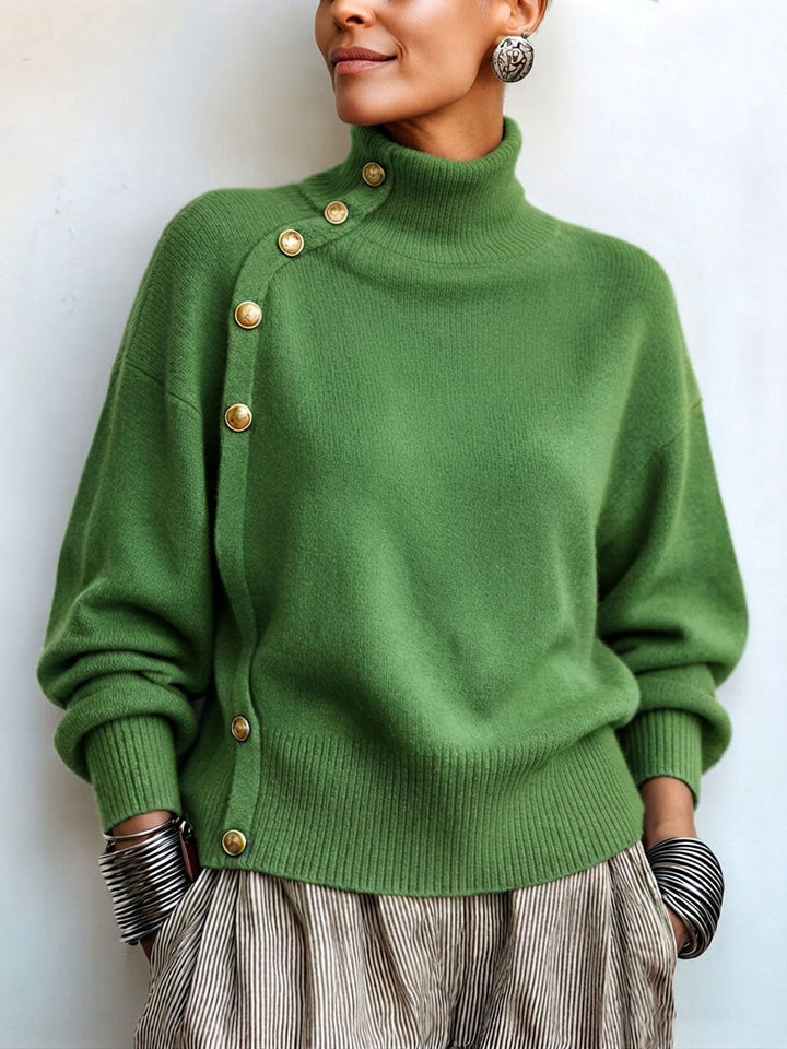 Asymmetric Gold Button Turtleneck Sweater