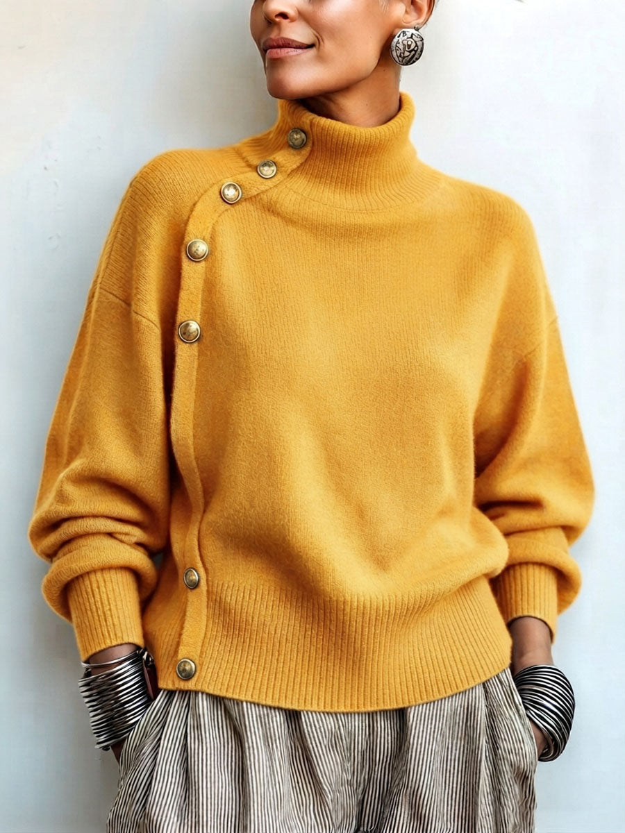 Asymmetric Gold Button Turtleneck Sweater