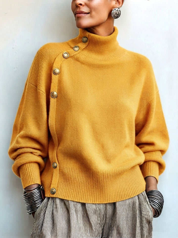 Asymmetric Gold Button Turtleneck Sweater