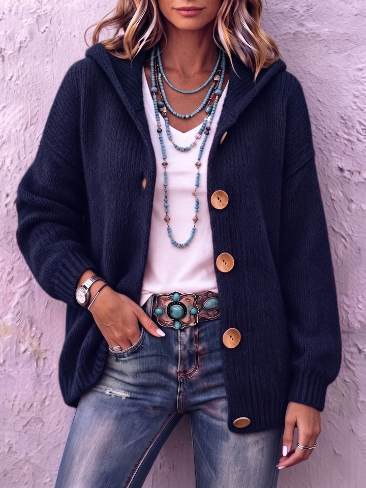 Hooded Big Button Knit Cardigan