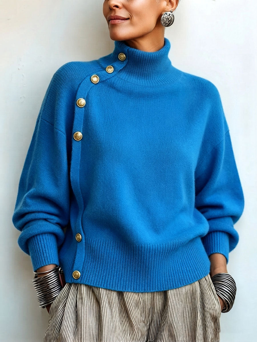 Asymmetric Gold Button Turtleneck Sweater
