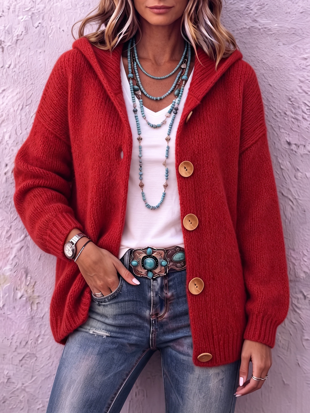 Hooded Big Button Knit Cardigan