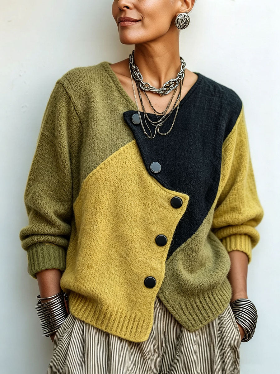 Color-Block Asymmetric Button Sweater