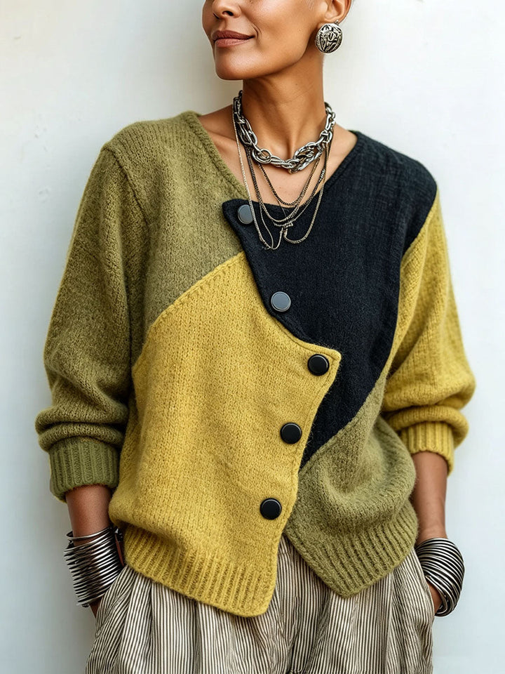 Color-Block Asymmetric Button Sweater