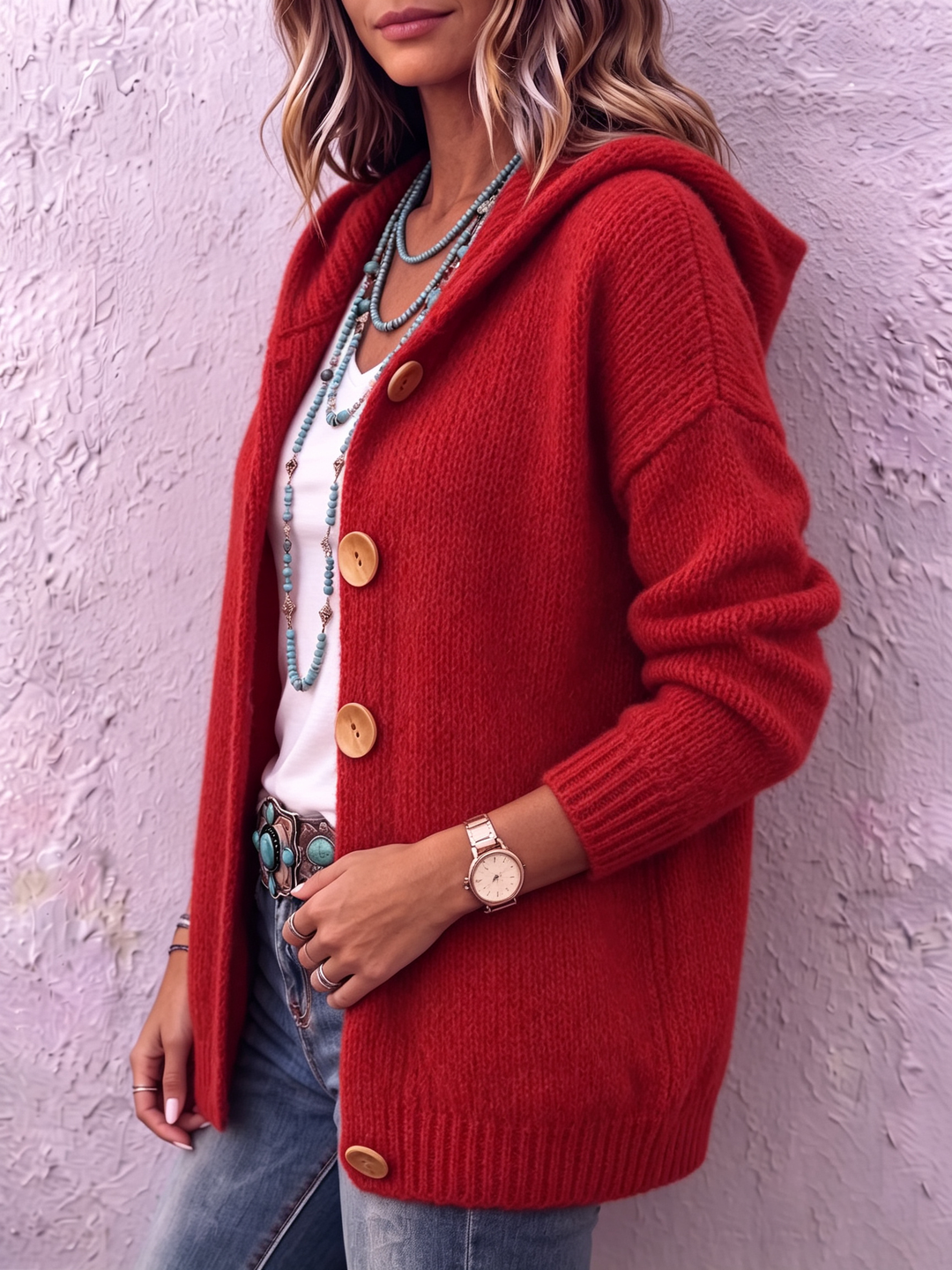 Hooded Big Button Knit Cardigan