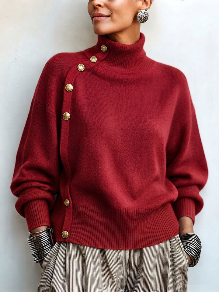 Asymmetric Gold Button Turtleneck Sweater