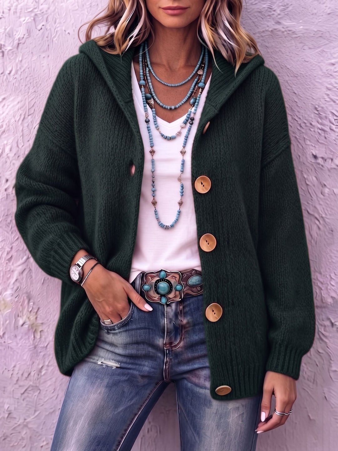 Hooded Big Button Knit Cardigan