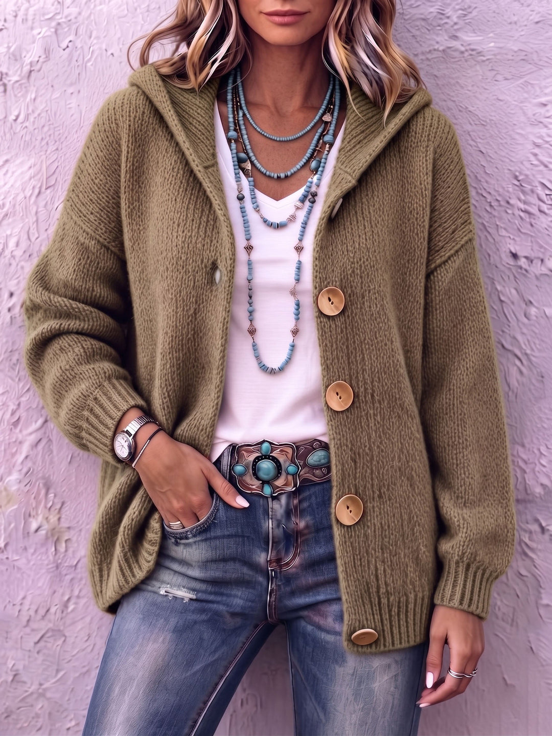Hooded Big Button Knit Cardigan