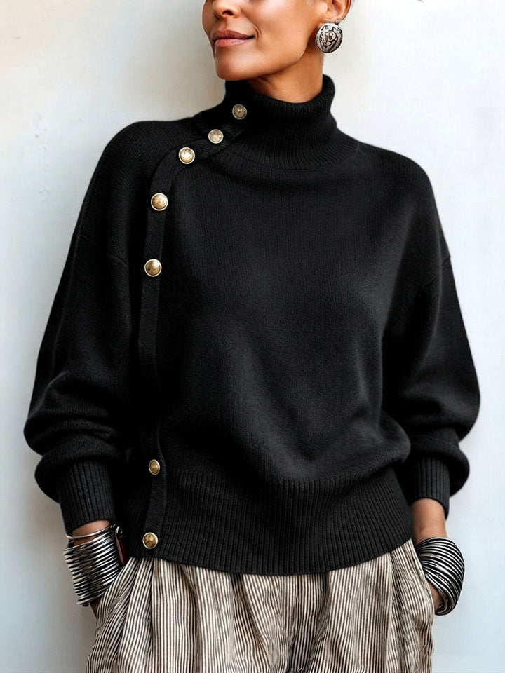 Asymmetric Gold Button Turtleneck Sweater