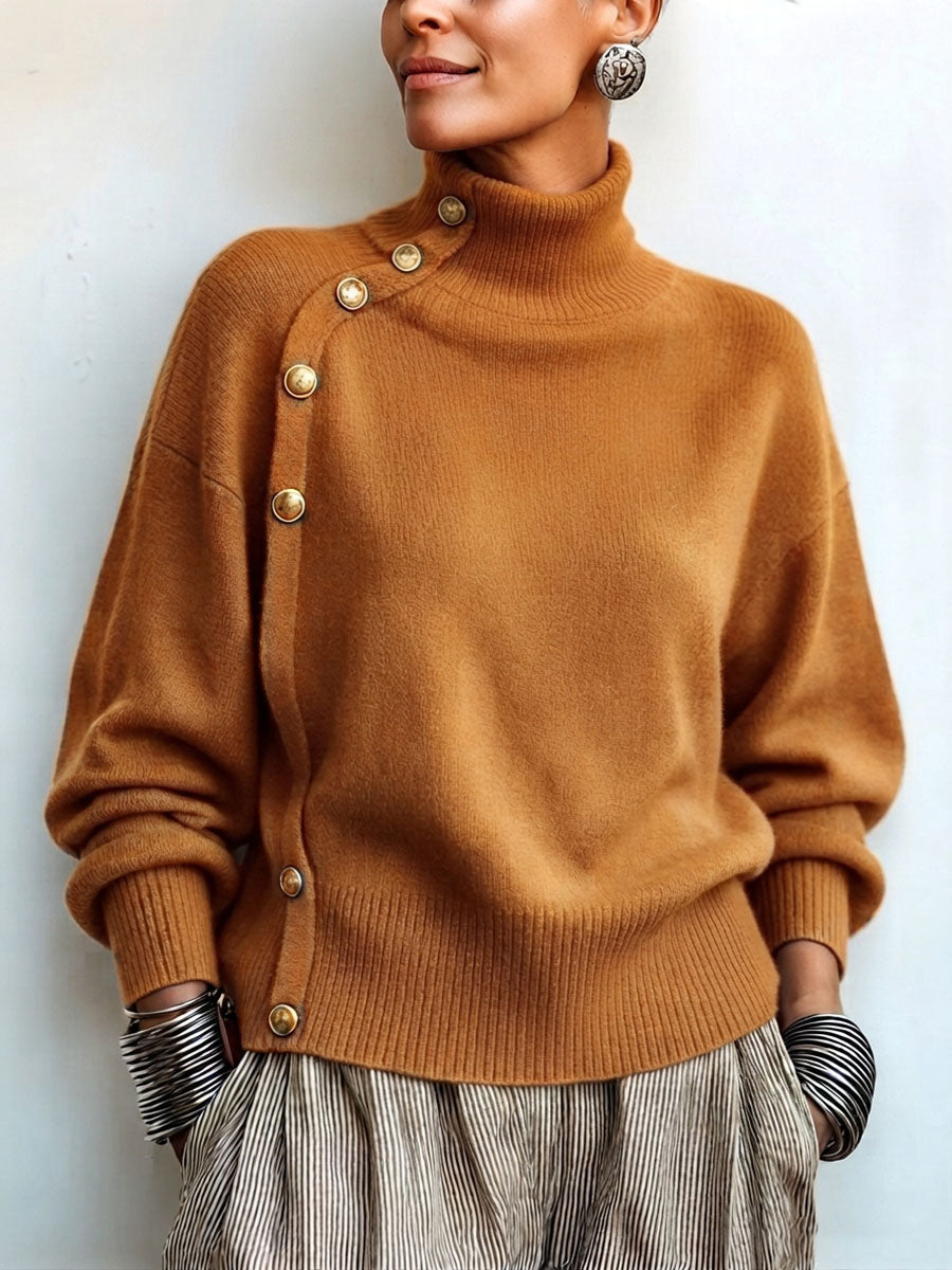 Asymmetric Gold Button Turtleneck Sweater