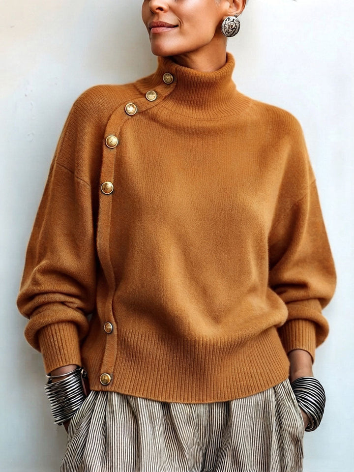 Asymmetric Gold Button Turtleneck Sweater