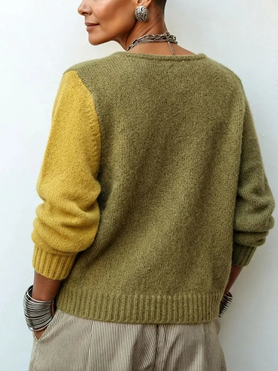 Color-Block Asymmetric Button Sweater