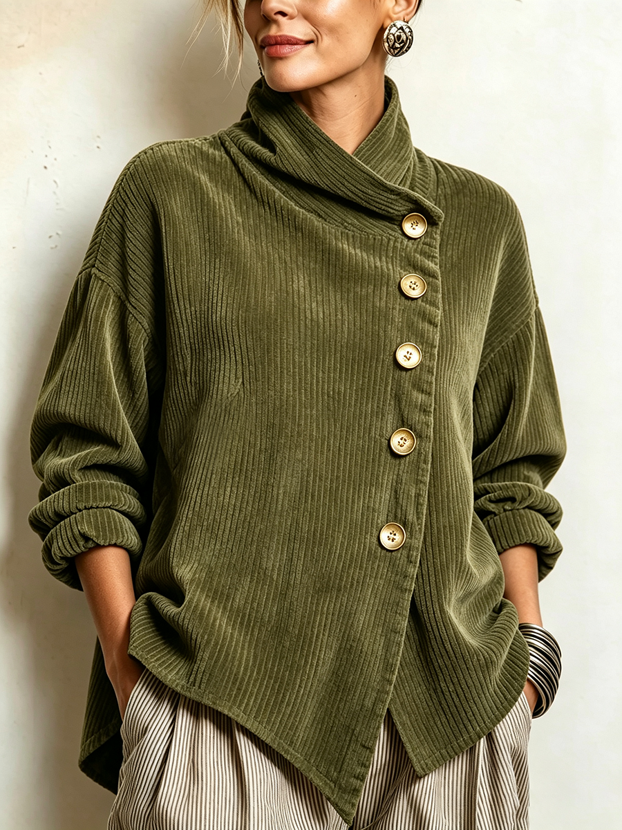 Textured Draped Neck Button Sweater