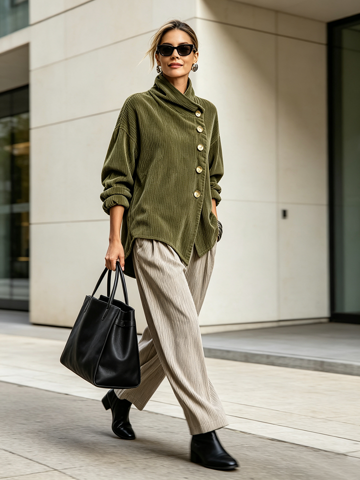 Textured Draped Neck Button Sweater