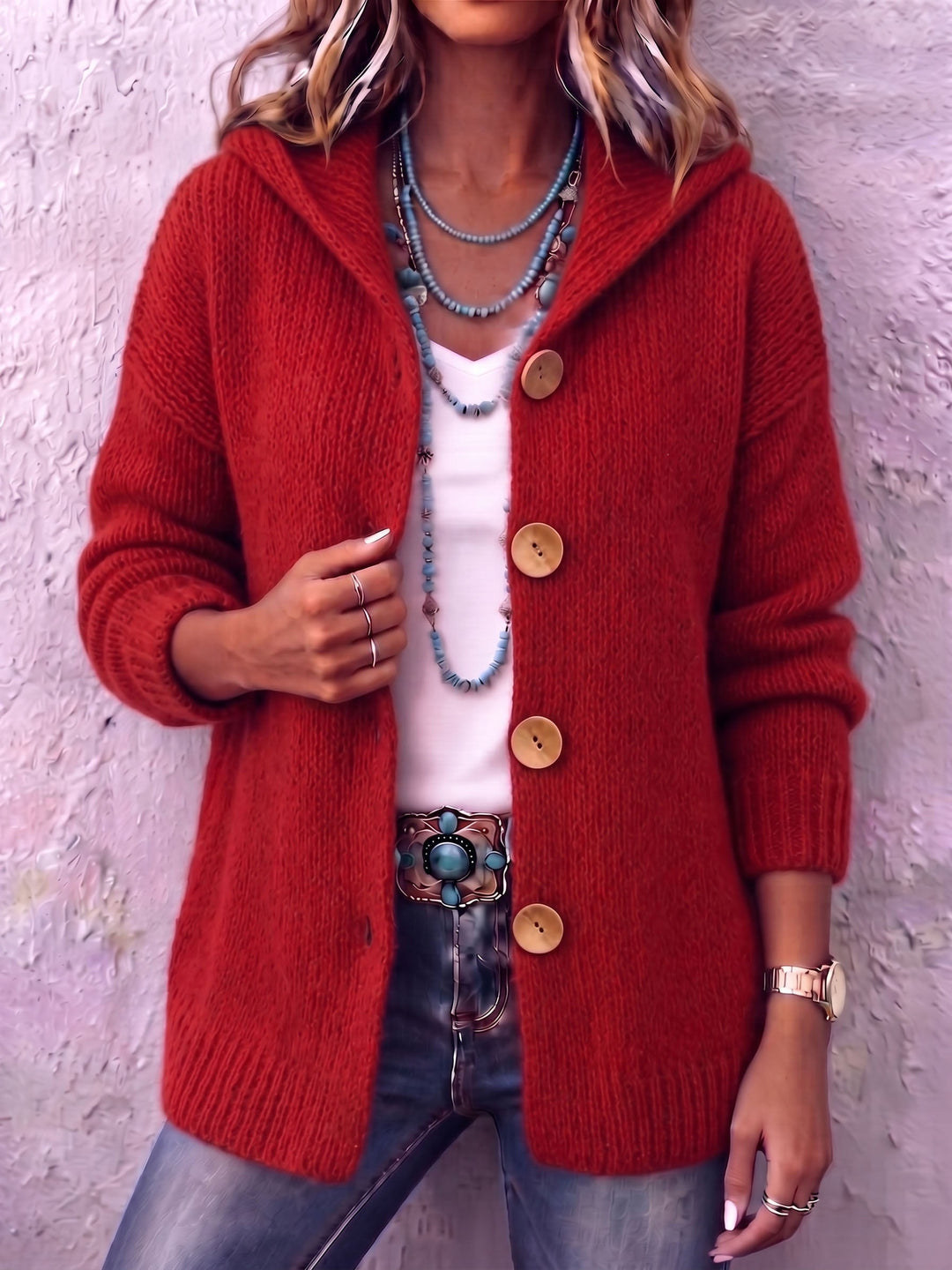 Hooded Big Button Knit Cardigan