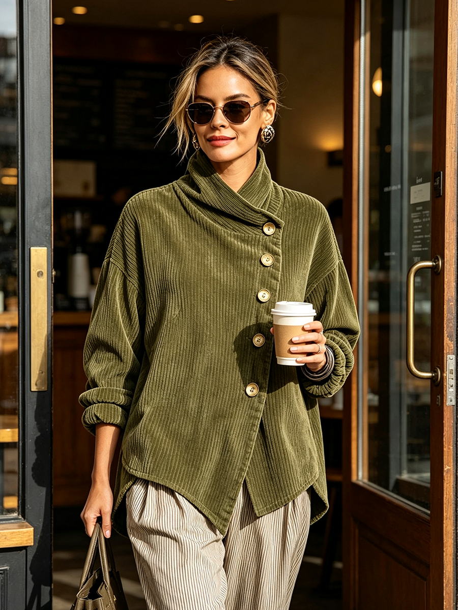 Textured Draped Neck Button Sweater