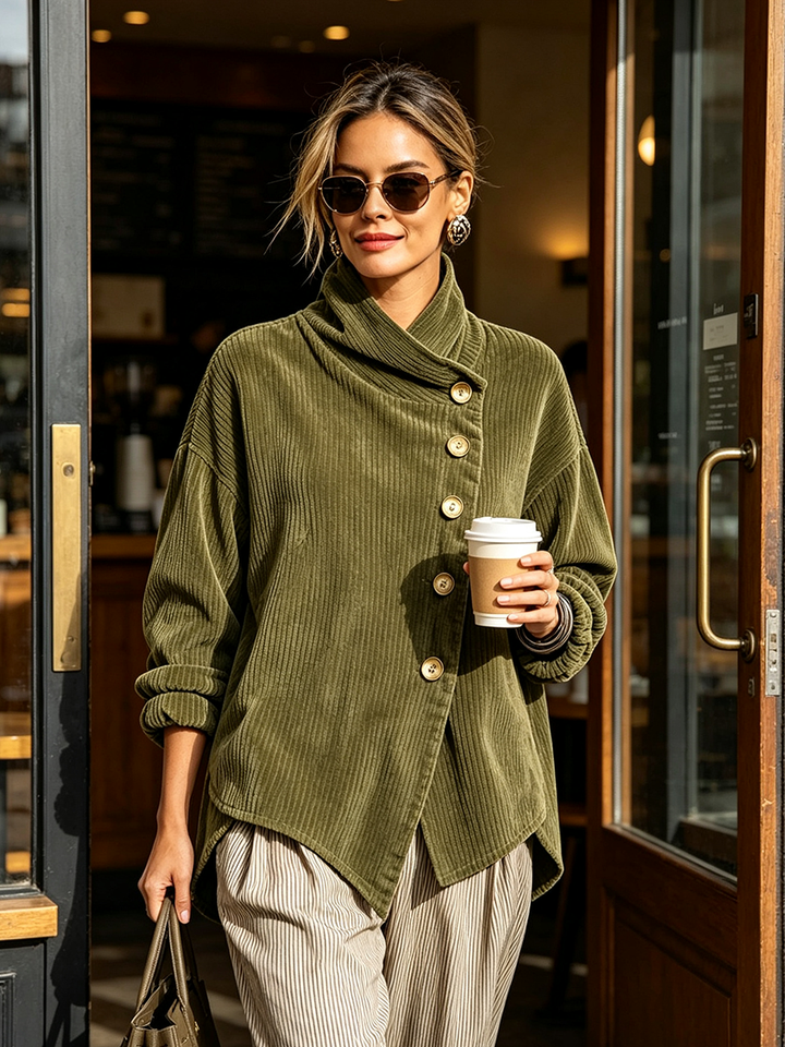 Textured Draped Neck Button Sweater