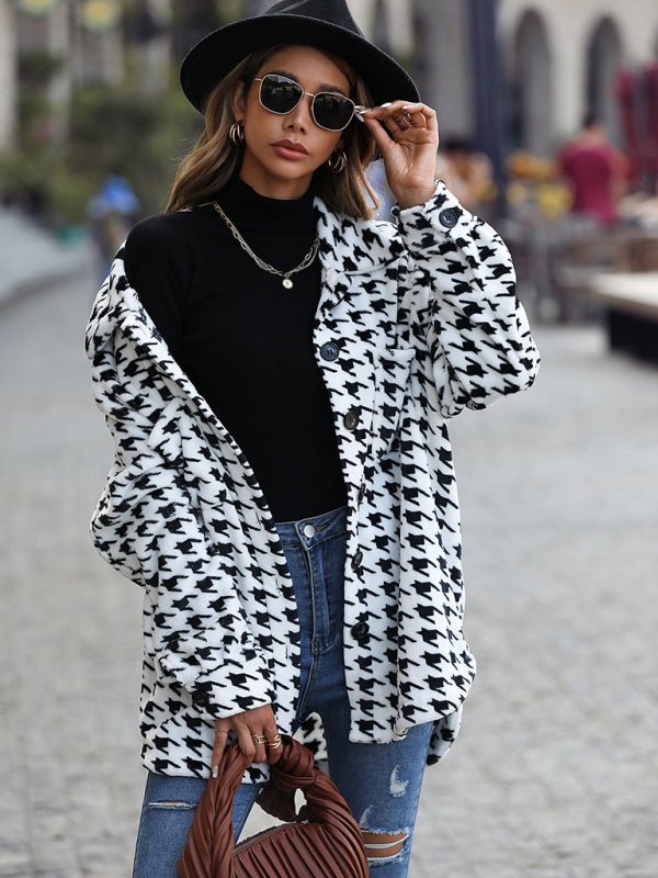 Plush Long Sleeve Houndstooth Jacket
