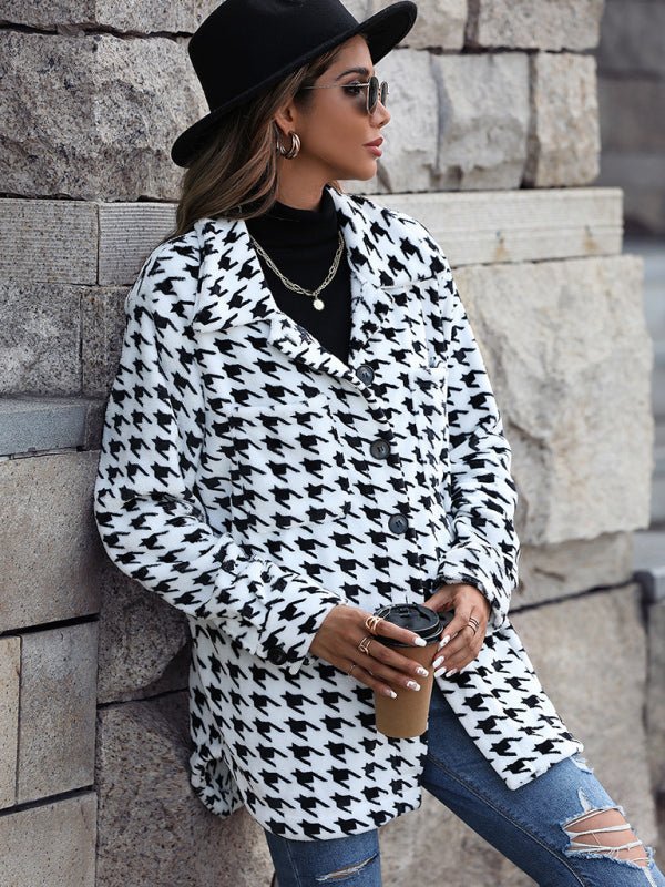 Plush Long Sleeve Houndstooth Jacket