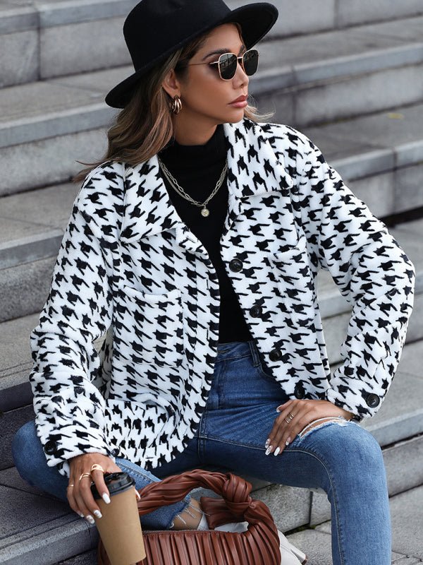 Plush Long Sleeve Houndstooth Jacket