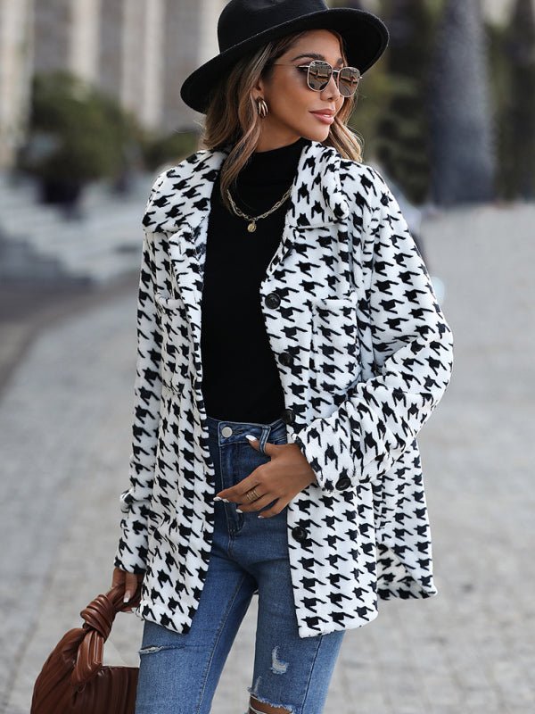 Plush Long Sleeve Houndstooth Jacket
