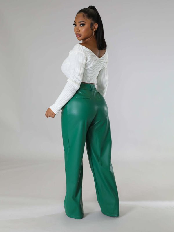 Faux Leather Wide-Leg Pants with Pockets