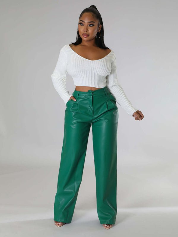 Faux Leather Wide-Leg Pants with Pockets