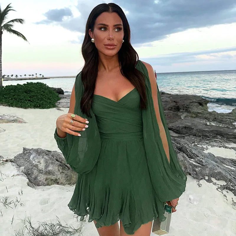 Deep V-Neck A-Line Dress with Ruffles