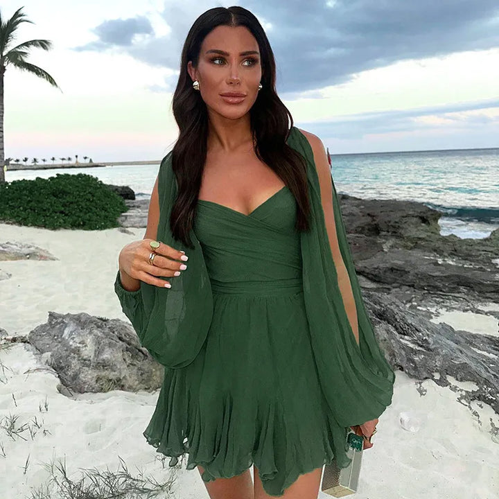 Deep V-Neck A-Line Dress with Ruffles