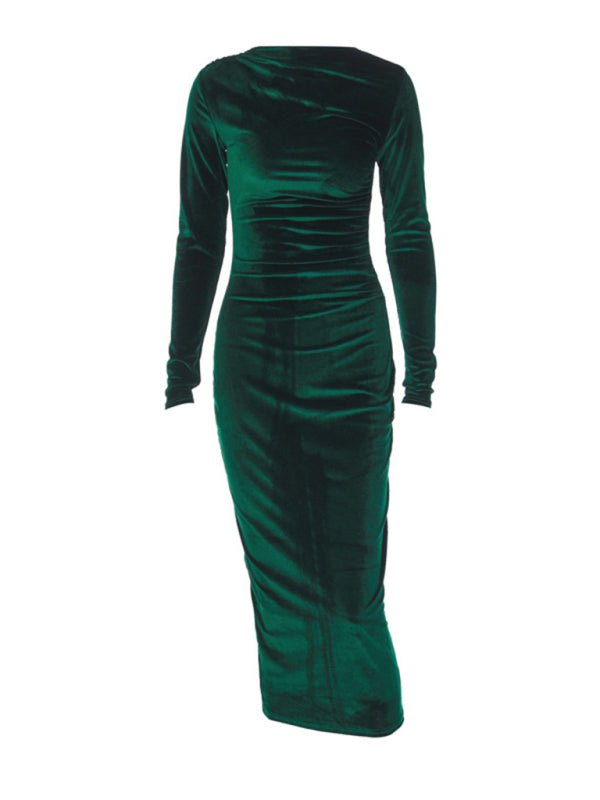 Soft Pleated Round Neck Long Sleeve Dress
