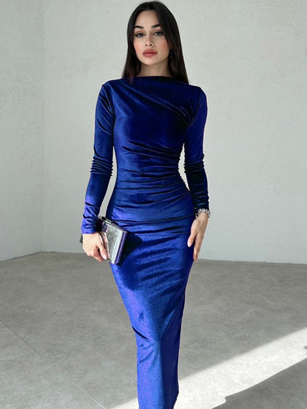 Soft Pleated Round Neck Long Sleeve Dress