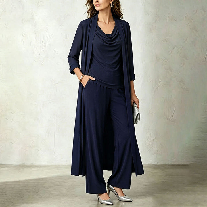 Three-Piece Long Cardigan & Wide-Leg Pants Set