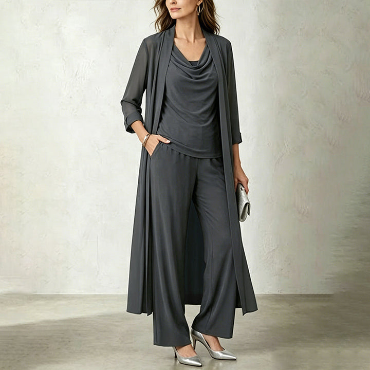 Three-Piece Long Cardigan & Wide-Leg Pants Set