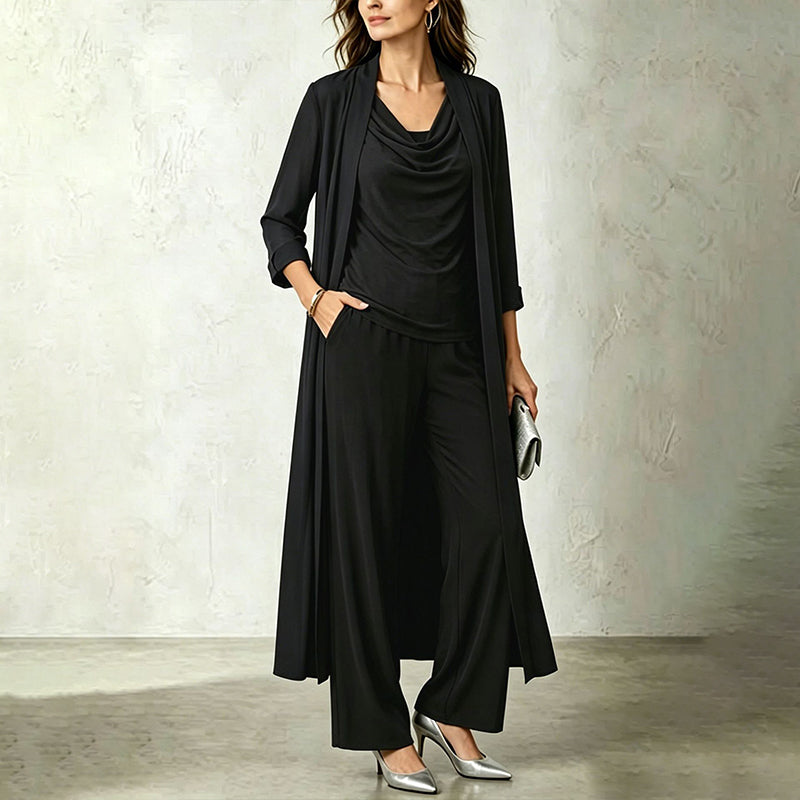 Three-Piece Long Cardigan & Wide-Leg Pants Set