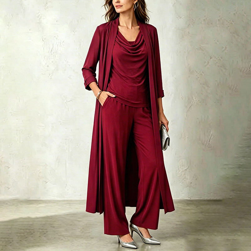 Three-Piece Long Cardigan & Wide-Leg Pants Set